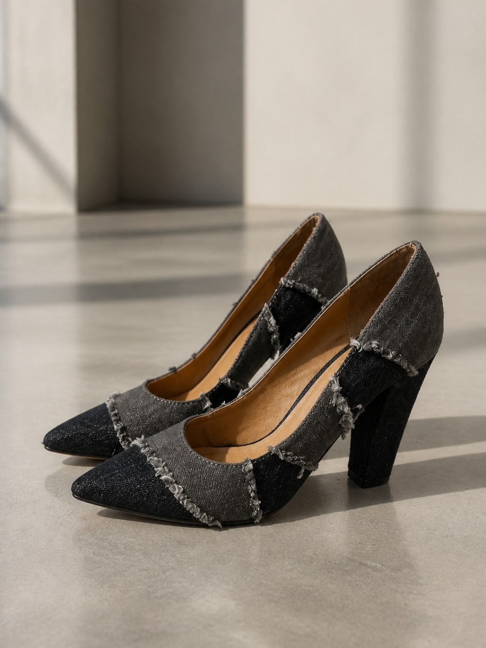 BAMBOO Pointed Denim Patchwork Pumps in Gray & Black Women's Size 7